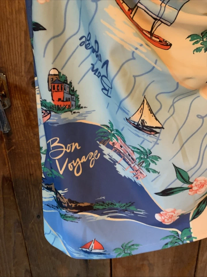 Antiguo traje de baño clásico azul marino de una pieza palmera velero isla falda envolvente grande Foto 2 de 4