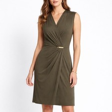 MICHAEL Michael Kors Olive Green Ruched Draped Midi Dress Sleeveless V Neck M
