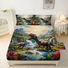 Dinosaurs Bed Sheets Queen for Boys Kids 3D Realistic Dinosaur Green Fitted S...