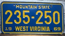 1969 West Virginia WV Mountain State License Plate Tag 235-250 Blue Yellow