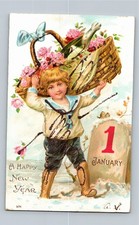 Antique 1908 New Year Postcard Boy Roses Champagne January 1 Embossed
