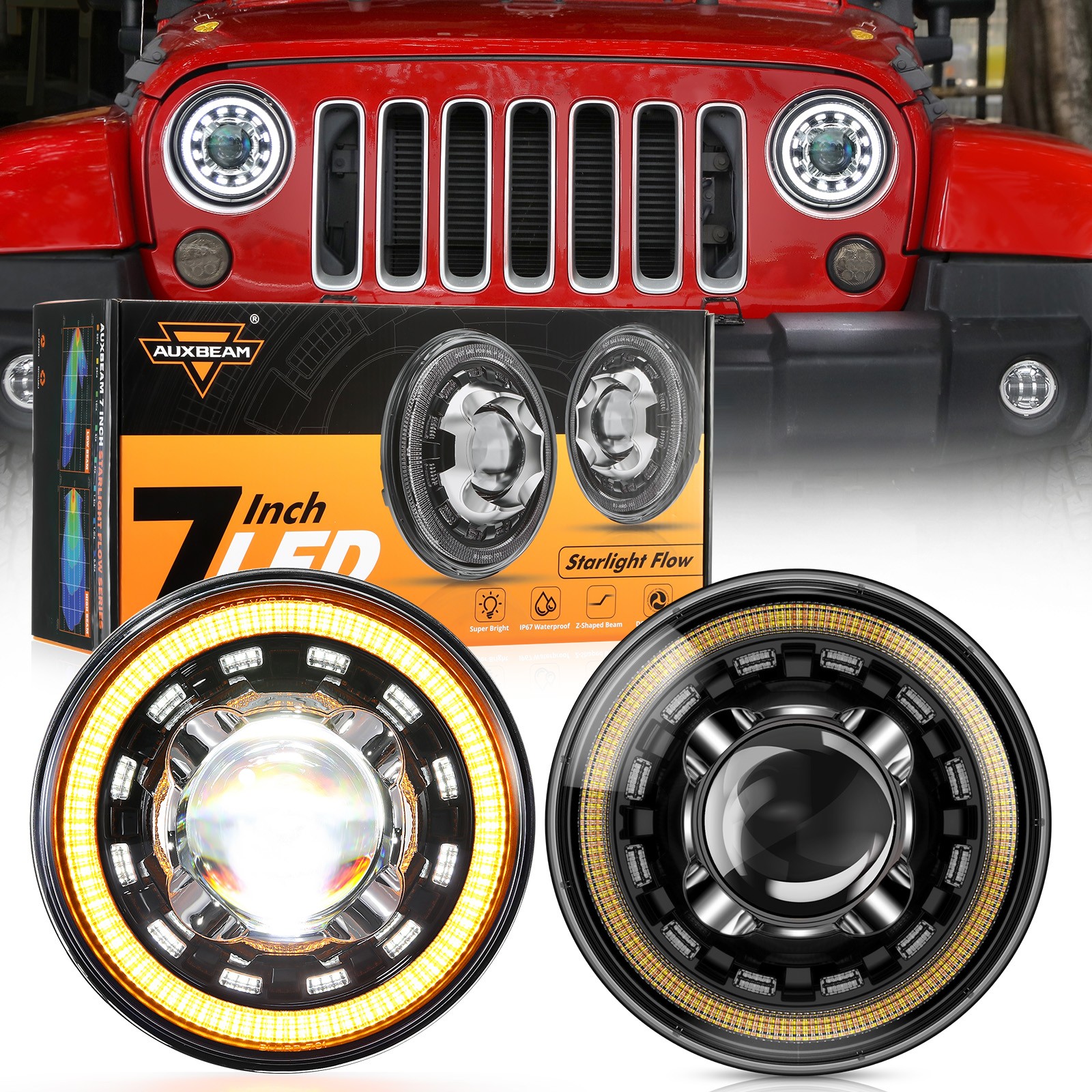 Auxbeam 7" INCH Round LED Headlight Hi/Lo Beam DRL For Jeep Wrangler JK LJ TJ CJ