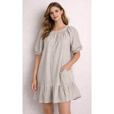 Minkpink Dress Women Small White Brown Striped Puff Sleeve Mini Ruffle Hem Boho