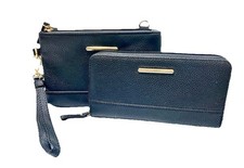 Women Black Pebbled Faux Leather Wristlet/Wallet Crossbody Bag Gold Hardware Set
