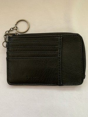 The Sak Leather Credit Card Holder Slim Black Zip Pocket Key Chain 10 Card Slots