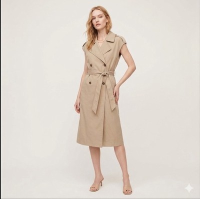NEW H&M Sleeveless Trench Coat Layering Dress Tan Khaki Womens SMALL Belted