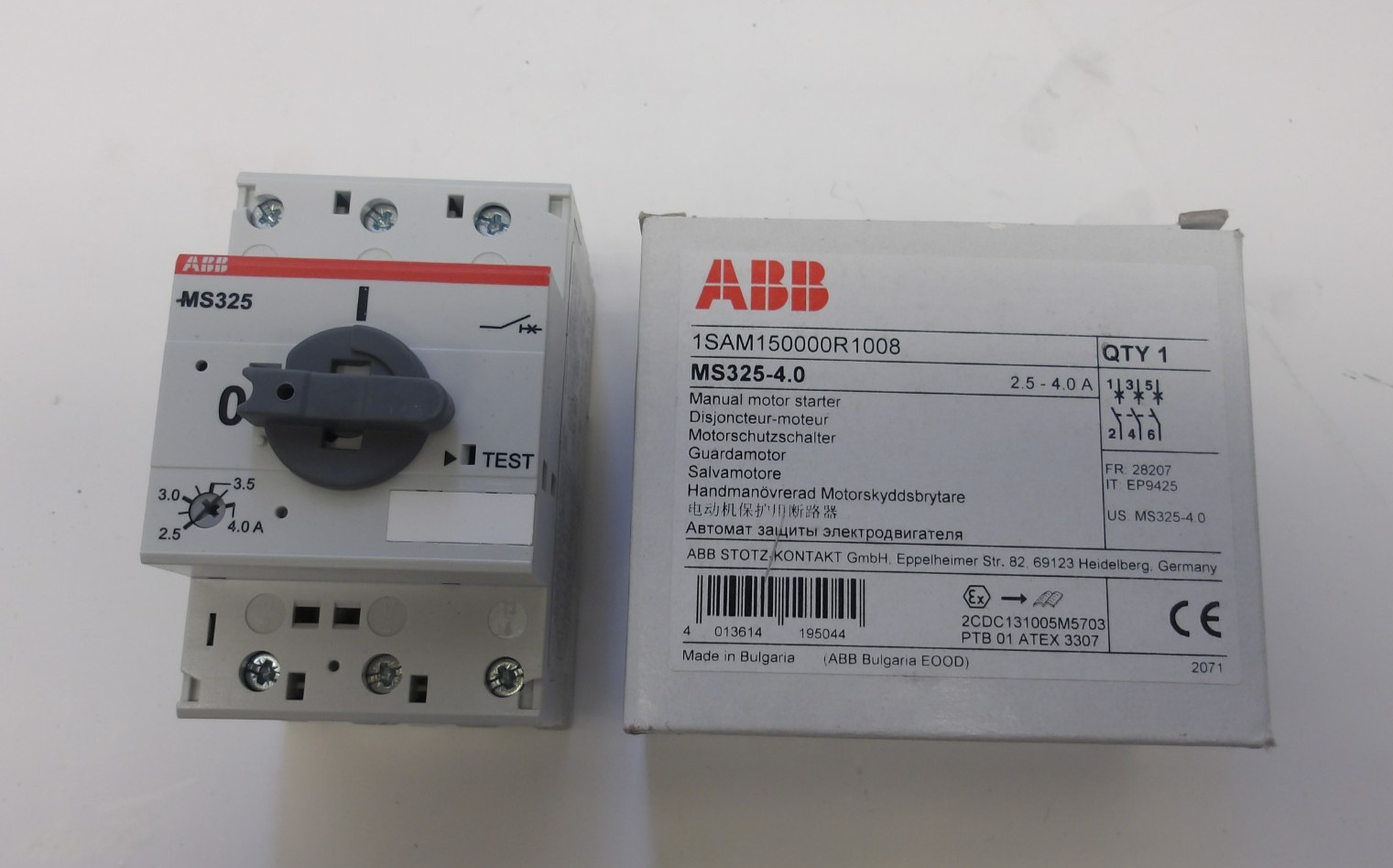 ABB P/N: 1SAM150000R1008 MANUAL MOTOR STARTER MS325-4.0 3 PHASE 3POLE NEW IN BOX