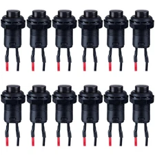12 Pack 12mm Black Latching Push Button Switch, SPST 1NO On Off Pre-Wired
