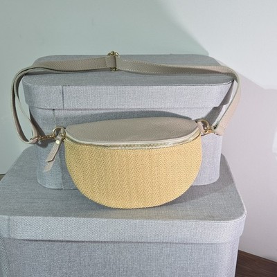 Elie Beaumont Beige Yellow Woven Crossbody Bag Adjustable Strap Zip Closure