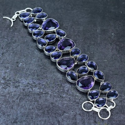 Natürlicher Amethyst Edelstein Handarbeit 925 Sterlingsilber Armband 7-8'' Geschenk b013