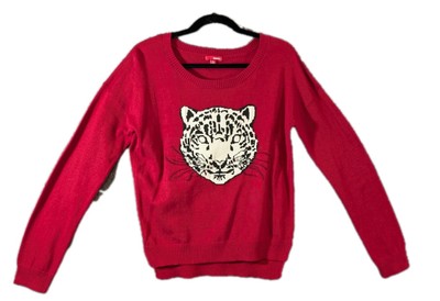 Bongo Women's Red Cheetah/Leopard Big Cat Crew Neck Long Sleeve Sweater Medium