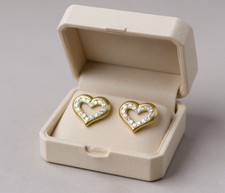 14K Yellow Gold Open Heart Earrings with Round CZ Stones Stud Push Back Design