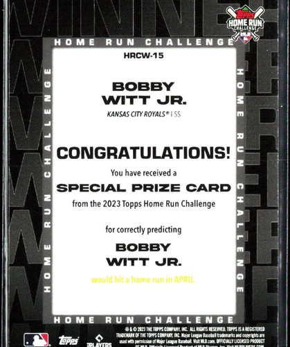 2023 Topps Home Run Challenge Redemption Winners Bobby Witt Jr. /206 Gold - Picture 2 of 2