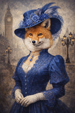 Red Fox Lady Victorian Dress & hat Female Wall Art Print Vintage Painting Style