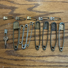 Metal Safety Pins Lot Size 14 Assorted w/ Small Key Round Eye Sharp Tip