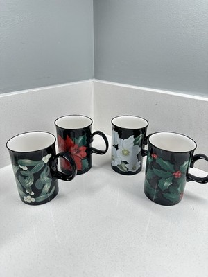 Set of 4 Dunoon Stoneware Mugs Holly & Floral by Caroline Bessey Scotland