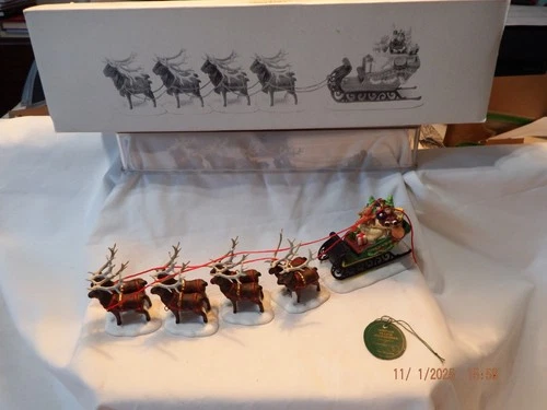Vintage Dept 56 Heritage Village Collection Sleigh & Eight Tiny Reindeer-C043