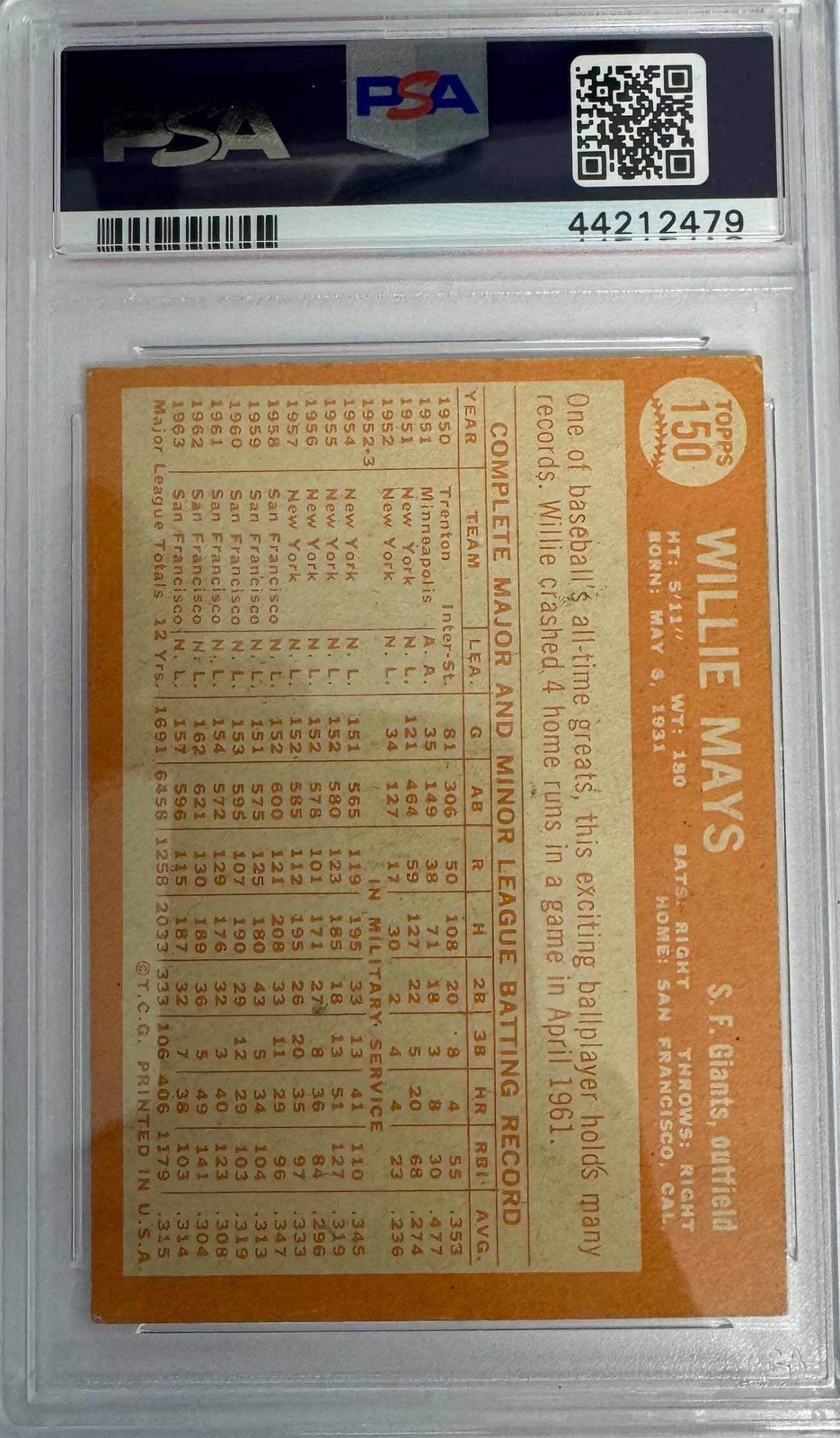 Graded 1964 Topps Willie Mays #150 Baseball Card PSA 5 Excellent view 2
