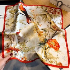 100 Mulberry Silk 21'' Small Scarf Women Vintage Neckerchief Wrap Birds Flowers
