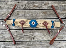 Showman Sand & Sky Mohair string Western tripping breast collar tan w/teal