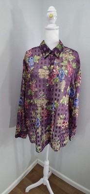VTG BonWorth Womens XL Blouse  Button Up Sheer Satin Purple Fairy Artsy Unique 