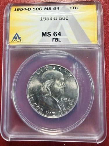 1954-D Franklin Half Dollar. ANACS MS-64 FBL. Free Shipping