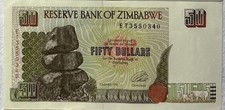 Zimbabwe 50 Dollars Banknote 1994 P-8 UNC Pre Inflation Features the Rhinoceros