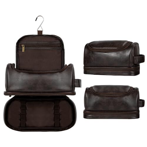 Hanging Leather Toiletry Bag for Men Water-Resistant Travel Dopp Shaving Kit-image