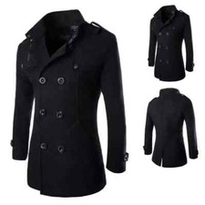 Giacca lunga uomo invernale lana doppiopetto trench cappotto caldo soprabito outwear