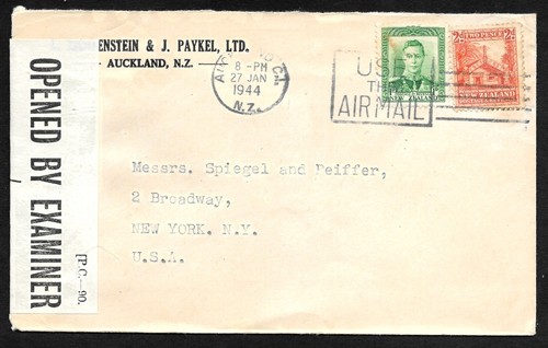 New Zealand Commercial Cover Auckland Censored to USA 1944