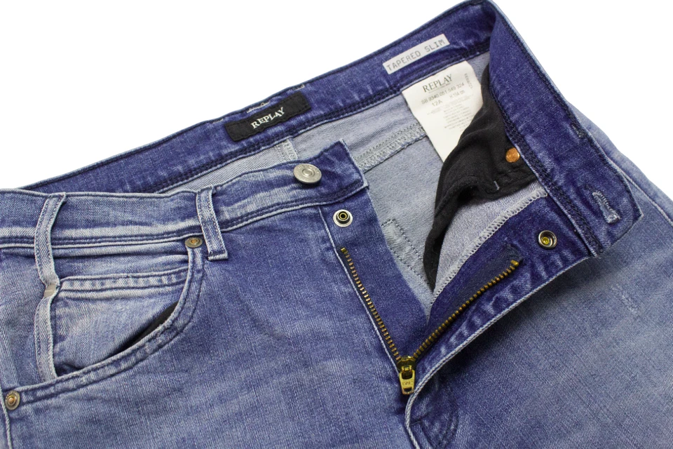 Jeans ajustados cónicos Replay niñas 154 CM desgastados cremallera bigotes rasgados azul Foto 4 de 4