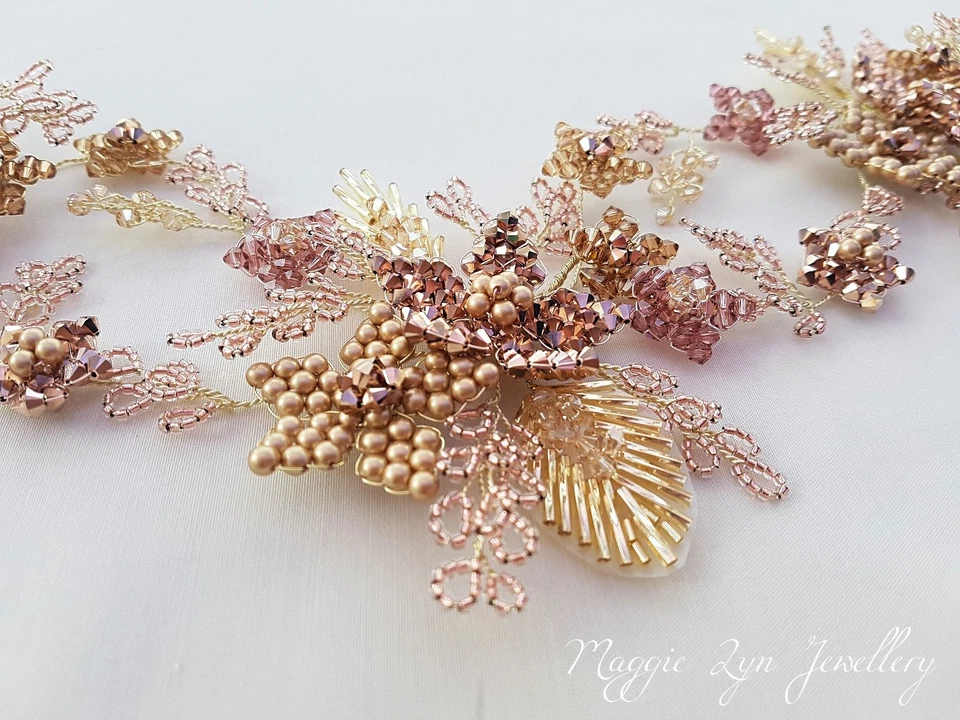 Bridal headdress in Gold, Rose gold, blush & topaz. headpiece statement hairvine - Image 4 of 4