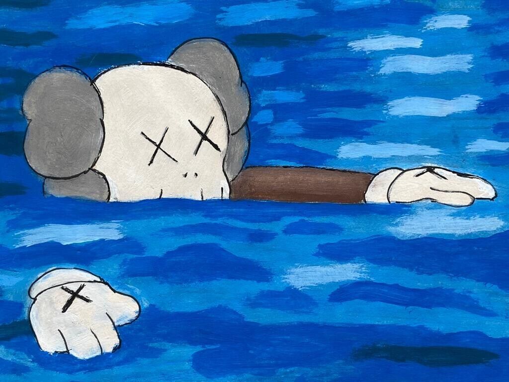KAWS (Handmade) Drawing On old Paper Signed Mixed Media, Vtg KAWS (Handmade) Drawing On old Paper Signed Mixed Media, Vtg