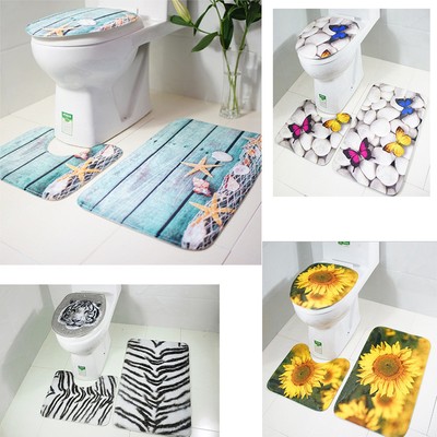 3PCS Pebble Print Bathroom Non-Slip Pedestal Rug Lid Toilet Cover Bath Mat Set