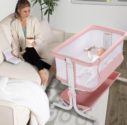 Kinder King Pink Baby Bassinet Wheels Folding Portable Newborn Bedside Sleeper