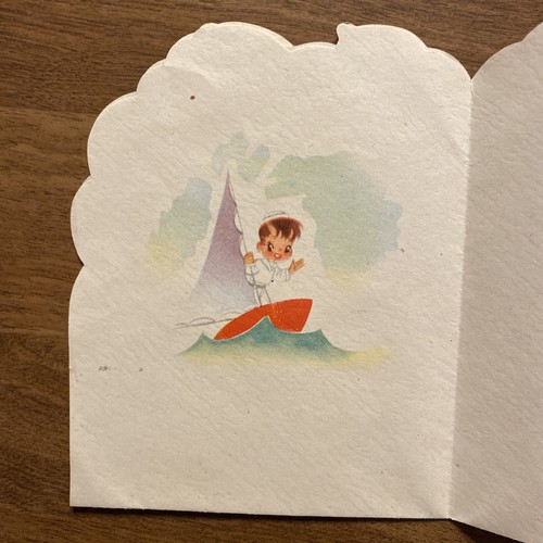 Vtg 1940s Valentines Day Greeting Card Little Boy Sailer on Sailboat Raft P1C - Picture 5 of 12
