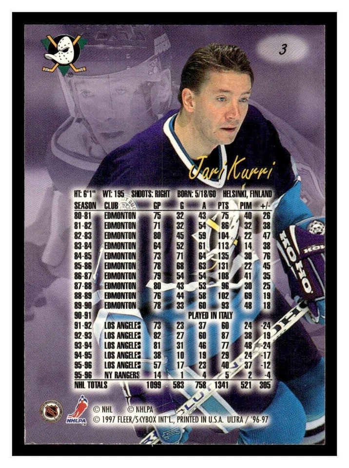 1996 Ultra #3 Jari Kurri - Anaheim Mighty Ducks - HOF - Image 2 of 2