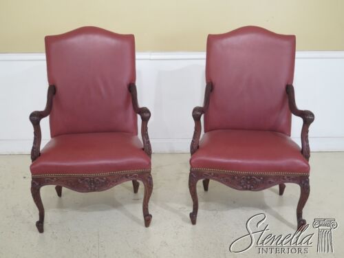 48320EC: Pair OLD HICKORY Tannery Leather Carved Walnut Arm Chairs - Picture 2 of 12
