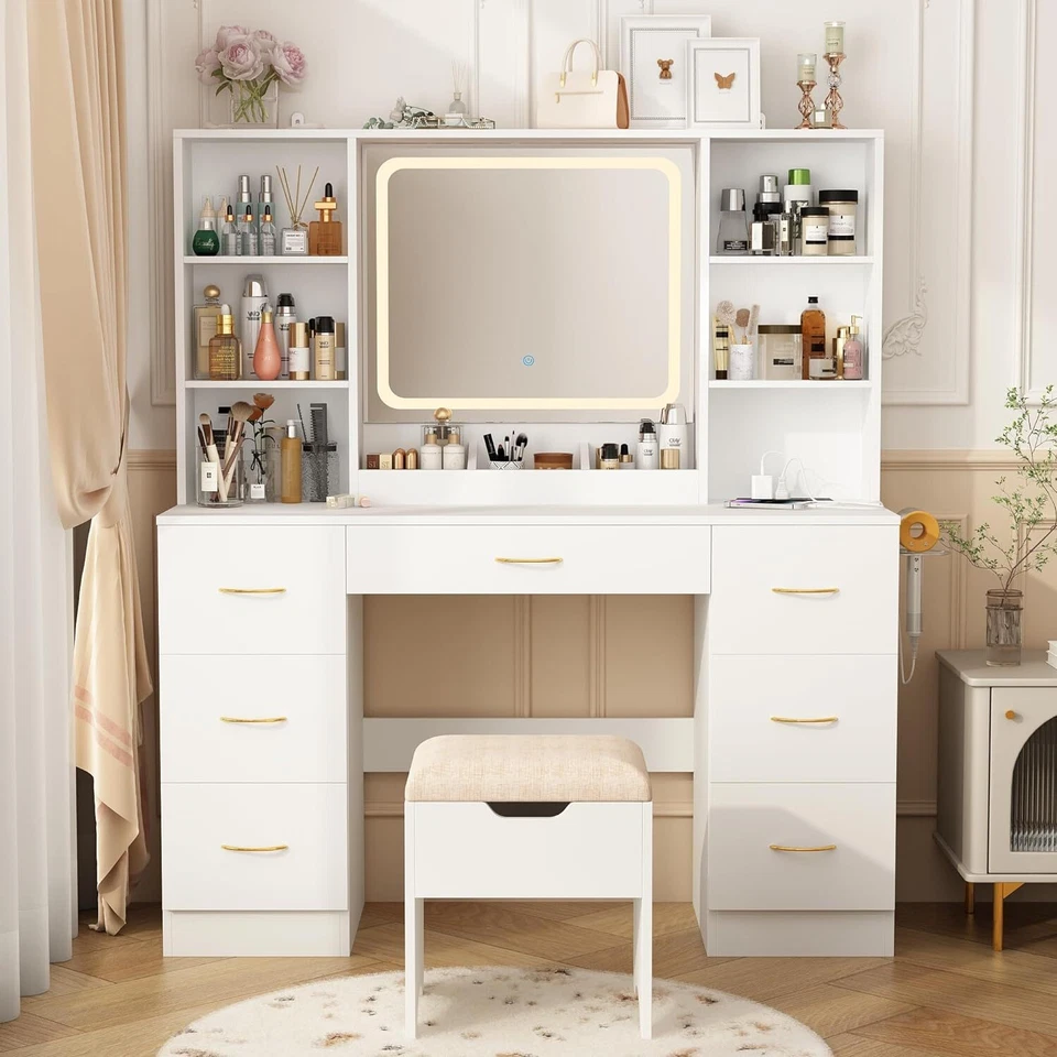 47" Large Vanity Desk with Mirror and and Power Outlet, LED Lighted Vanity Set - Image 2 of 4