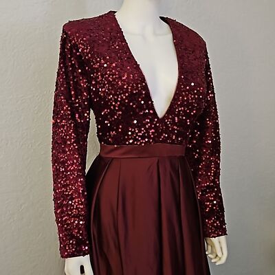 TS Couture Purple Satin Velvet Sequin Plunging Neckline Long Sleeve Formal  Gown | eBay
