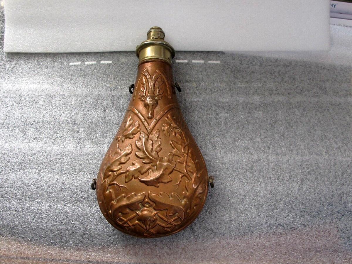 Antique Copper & Brass Ornate black Powder Flask Horn G & J.W.