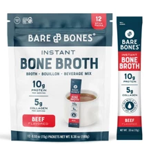 Bare Bones Bone Broth Instant Powdered Mix Beef Pack of 12 15g Stick 10g Protein