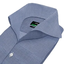 High Open Extreme Cutaway Collar Buttonless Navy Blue Dogstooth Men Formal Shirt