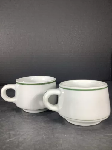 Set Of 2~Carr China®️ Green Striped Restaurant Ware Coffee/ Tea Mugs~6oz