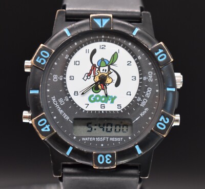 Vtg GOOFY DISNEY Tachymeter Watch Men Ana Digi Analog Digital Sports NEW BATTERY