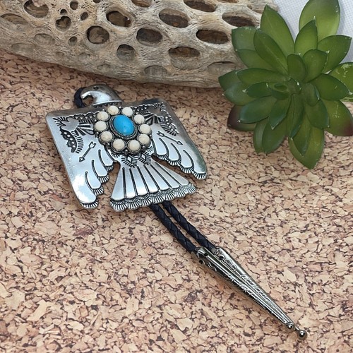 Unique Thunderbird T-Bird White Blue Turquoise Concho Lariat Bolo Tie Wedding ne - Picture 13 of 22