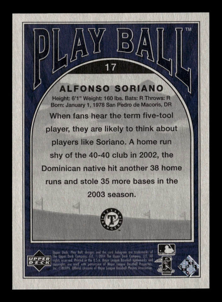 2004 Upper Deck Play Ball Blue Alfonso Soriano #17 Texas Rangers - Image 2 of 2