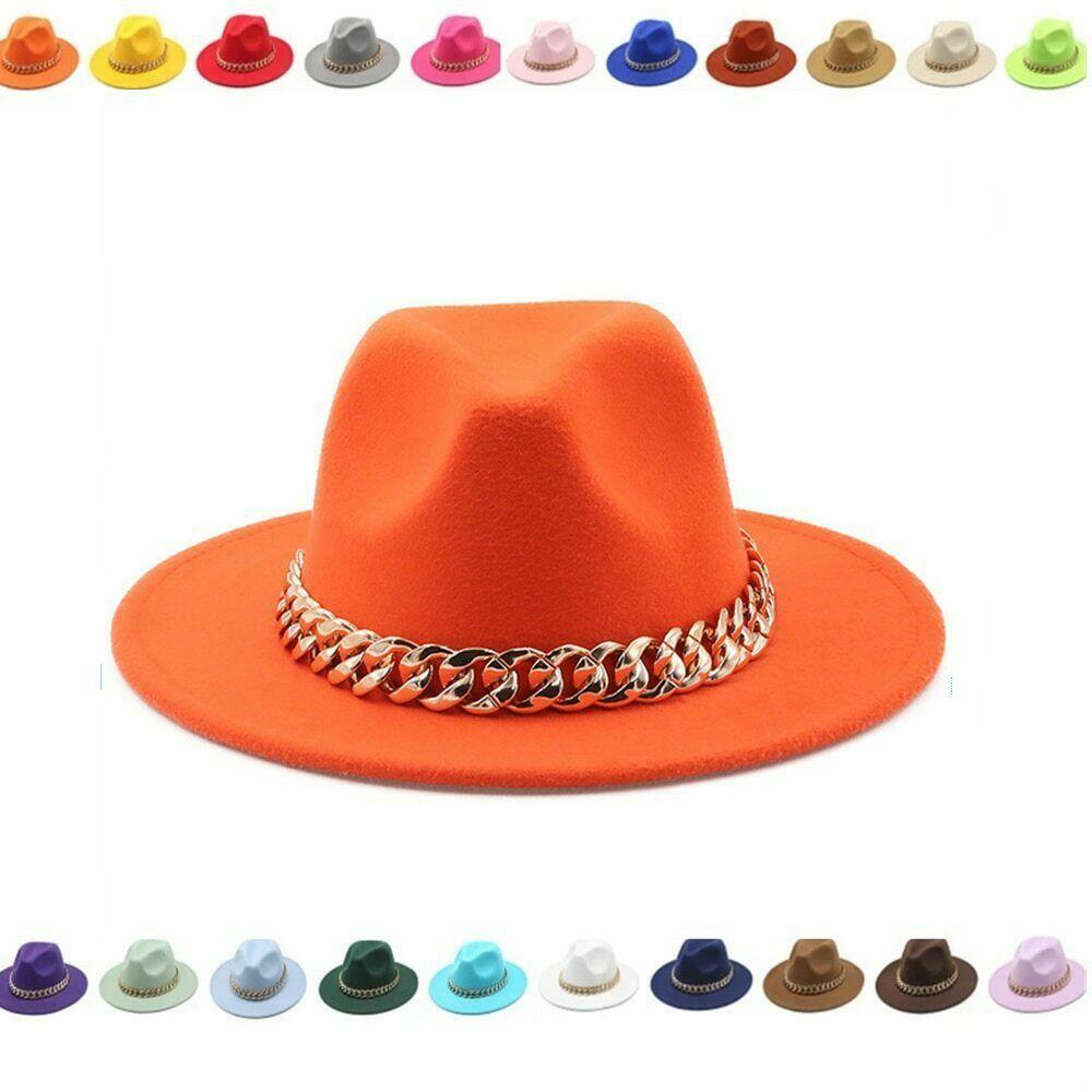 Wide Fedora Brim Hats For Women Thick Chain Band Winter Autumn Felt Hat Jazz Cap-image