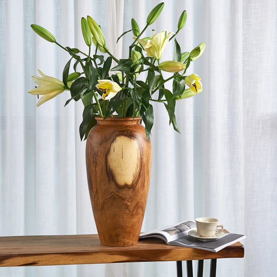 Jarrón de madera maciza de acacia hecho a mano rústico mesa de granja centro de mesa decoración natural Foto 4 de 4