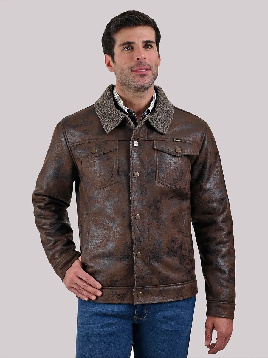 NWT Wrangler Men's Faux Leather Vintage Crackle Shearling Jacket